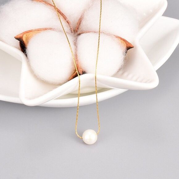 New Sterling Silver Floating Freshwater Pearl Necklace Dainty Single Pearl Gift - Picture 5 of 6